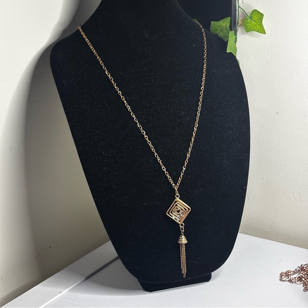 ✨ Gold Tone Geometric Spiral Pendant Necklace w/ Crystals & Drop Charm ✨